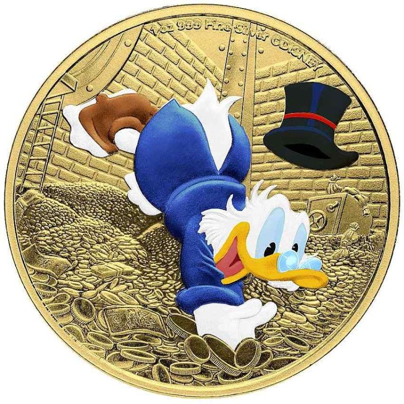 stříbrná 1 oz Scrooge McDuck Diving in Gold 2025 HM