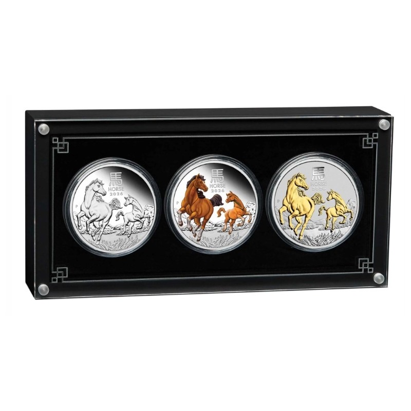 silver TRIO set Lunar III Year of the Horse 2026 color, PROOF Perth Mint