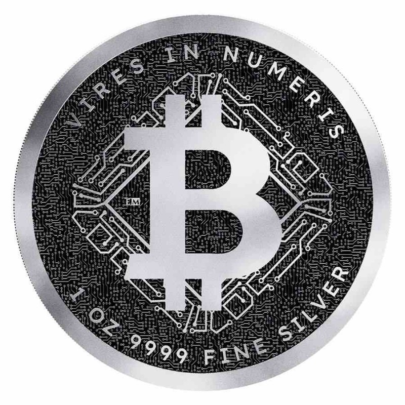 stříbrná 1 oz Bitcoin 2025 Niue $2 BU v kapsli