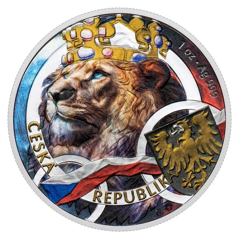 stříbrná 1 oz Český lev 2025 PROOF kolorovaná Niue $2 HM