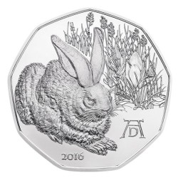 silver coin 5 EURO Albrecht Dürer - young Rabbit 2016 Rakousko in card