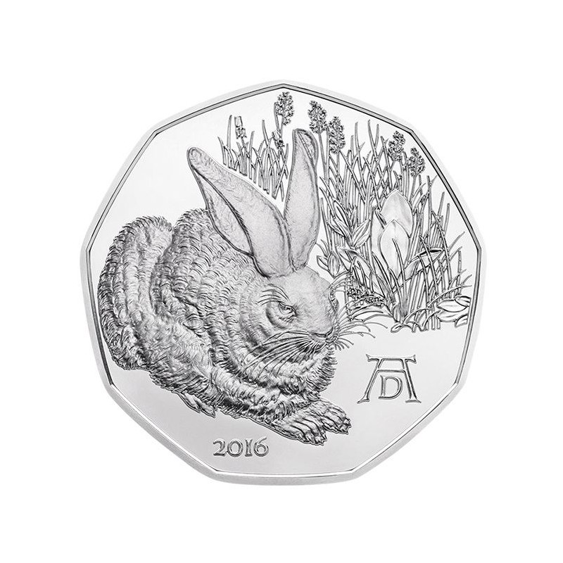 stříbrná mince 5 EURO Albrecht Dürer - mladý zajíc 2016 Rakousko v kartě