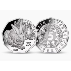 silver coin 5 EURO Albrecht Dürer - young Rabbit 2016 Rakousko in card
