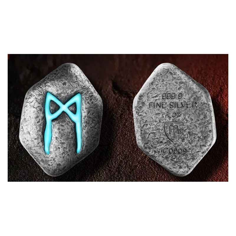 stříbrný slitek 1 oz Runa Mannaz .9999 Ag Antique + UV