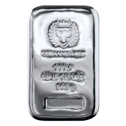 Silver cast bar 100 g Germania Mint .9999 Ag