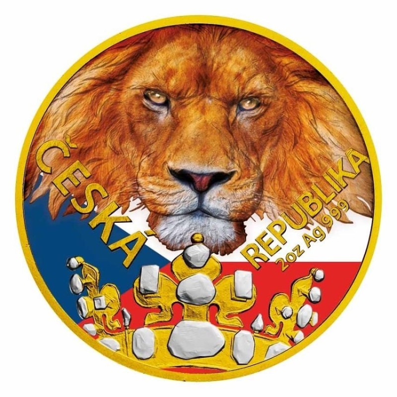 stříbrná mince 2 oz Český lev 2023 s CZ vlajkou zlacená 24 kt
