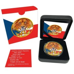 stříbrná mince 2 oz Český lev 2023 s CZ vlajkou zlacená 24 kt
